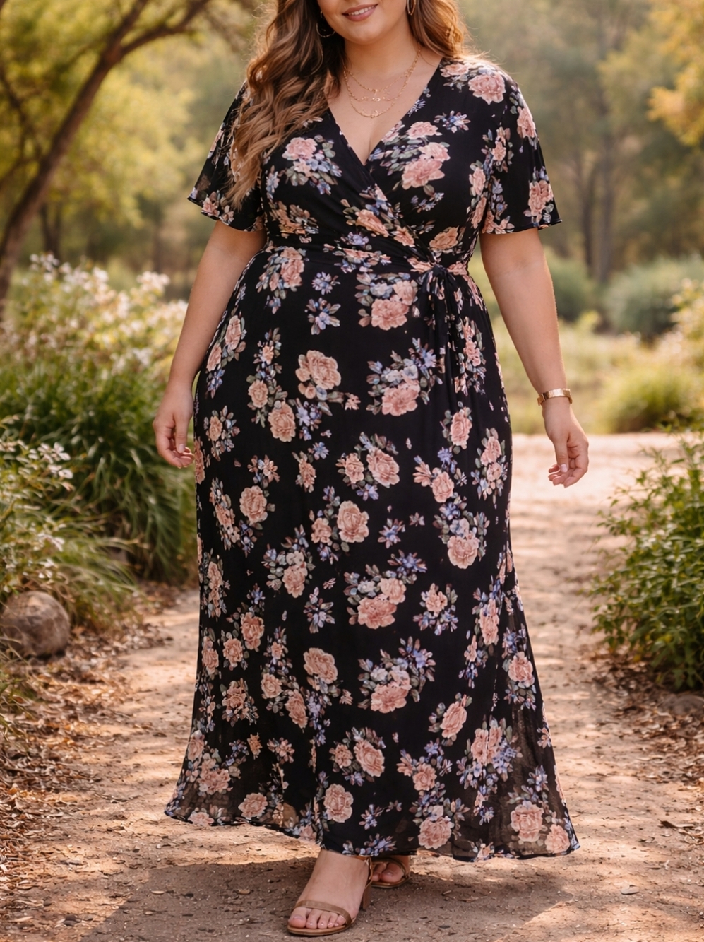 Warehouse One Black Floral Maxi Dress Plus Size Boho Cottagecore Wrap Style